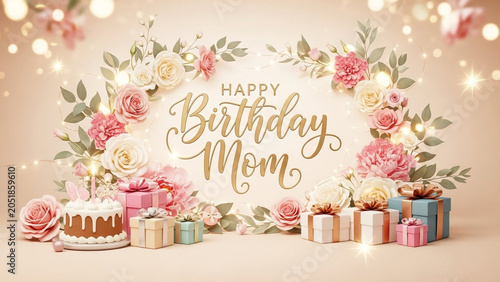 Birthday celebration, Happy Birthday Mom, gift and cake, floral decoration