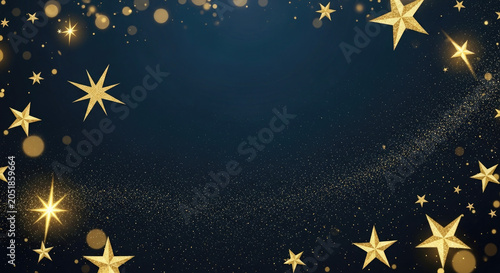 Golden stars and bokeh lights on dark blue background for luxury