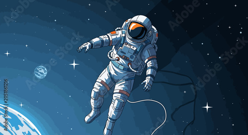 Fotografie Astronaut Floating in Pixel Art Space, Earth and Planet Background