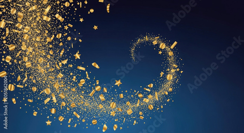 Golden confetti and stars exploding in a swirl on dark blue background for celebration