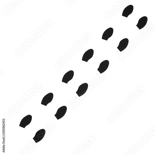 twelve matte black shoe print silhouettes marching across a transparent, shadowless, flat lay studio background, suggesting progression and a definite path concept