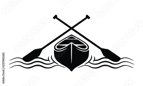 Black silhouette of a kayak with crossed oars icon on water isolated on white background