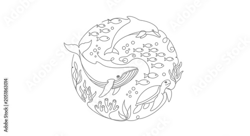 Photography Marine Life Circle Design: Whale, Dolphin, Turtle, Fish, Seaweed - Line Art