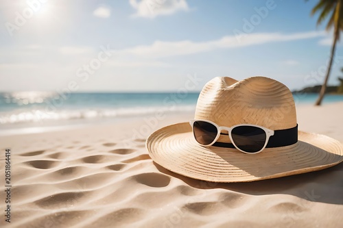 hat and sunglasses on the beach