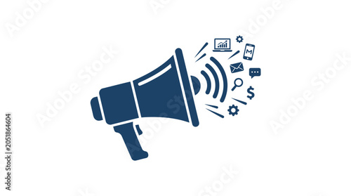 Photos Megaphone with icons around it loudspeaker.