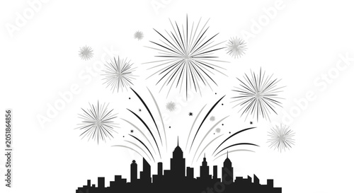 Konstfotografi City Skyline Silhouette with Fireworks Display