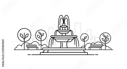 City Park Fountain Landscape Outline Illustration