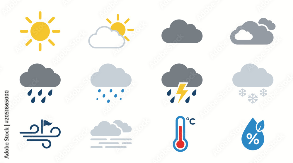 Obraz premium Weather forecast icons on white background.