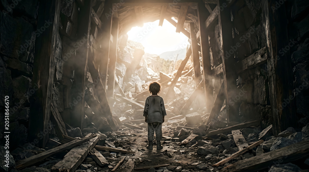 Fototapeta premium A lonely child stands among the rubble and debris of a collapsed building, looking toward a bright light at the exit of a tunnel.