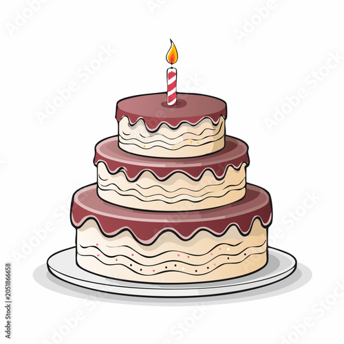 Three tier birthday cake with lit candle on white plate