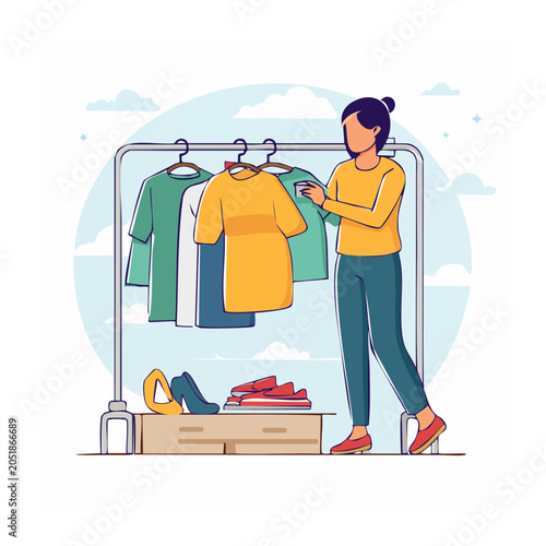 Woman choosing clothes from a rack in a flat design style