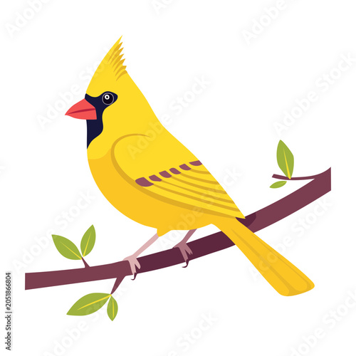 Yellow cardinal bird perched on a branch with leaves
