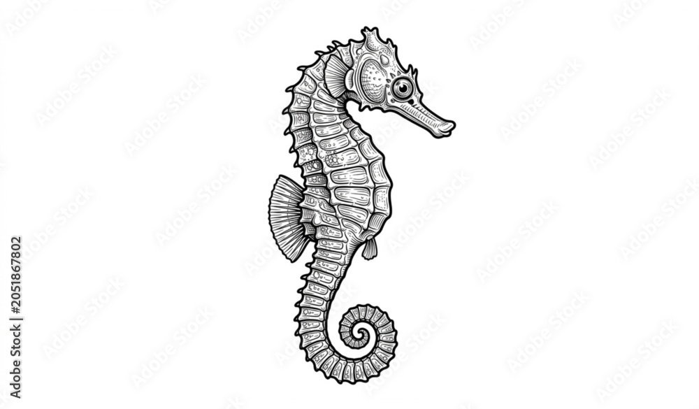 Fototapeta premium Seahorse Vector Line Art Illustration Black and White Marine Animal Isolated on White Background