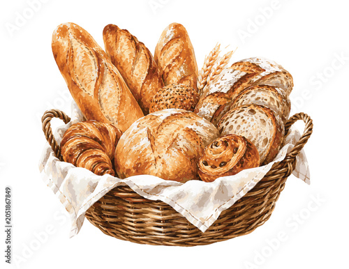 Foto Artistic Watercolor Illustration of a Wicker Basket Filled with Assorted Baked Goods