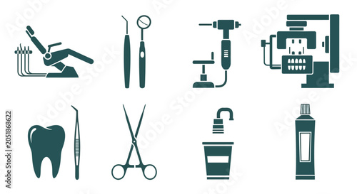 Dental tools and equipment icons set.