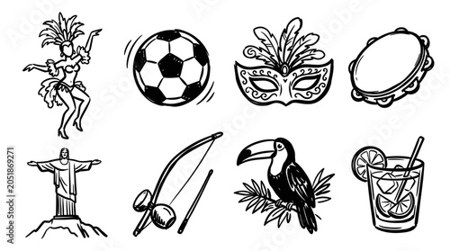 Brazil Carnival Icons: Samba Dancer, Soccer, Mask, Tambourine, Christ Statue, Capoeira, Toucan, Cocktail