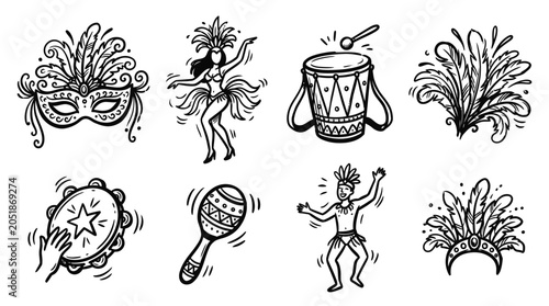 Carnival Celebration Icons: Mask, Dancer, Drum, Feather Headdress, Tambourine, Maracas