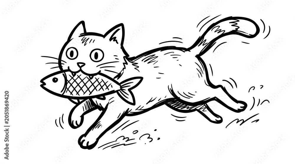 Obraz premium Happy Cat Running with Fish in Mouth - Cute Cartoon Drawing
