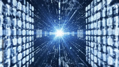 Futuristic Digital Data Tunnel with Glowing Binary Code Pillars and World Map Background, Ideal for Cybersecurity and Big Data Technology Concepts.