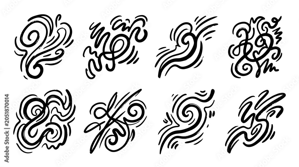 Fototapeta premium Abstract Swirls and Flourishes: Hand-Drawn Black Ink Elements Set