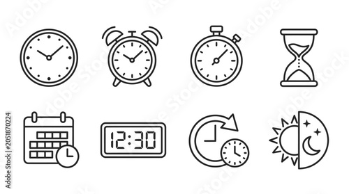 Fotografie Time Management Icons: Clock, Alarm, Stopwatch, Hourglass, Calendar, Digital, Cy