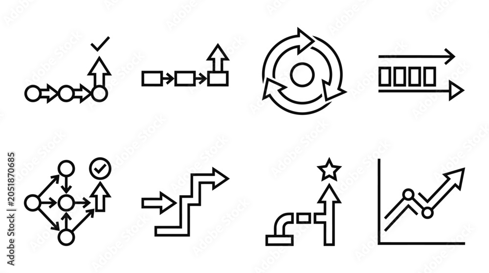 Fototapeta premium Process flow icons: business steps, progress, growth, workflow, strategy, data analysis