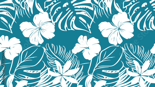 Принти на полотні Tropical floral pattern with white flowers and leaves on blue Background