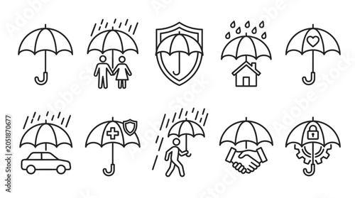 Photos Insurance icons set: umbrella, family, shield, house, car, medical, person, hand