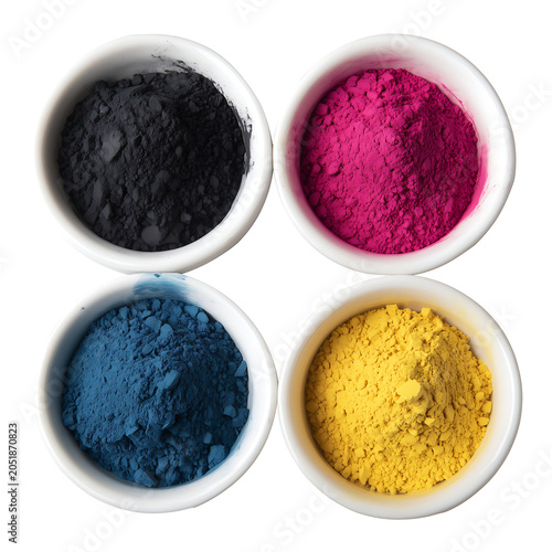 Vibrant CMYK toner powders in white ceramic bowls, showcasing essential colors for digital printing and creative design projects on a crisp white background