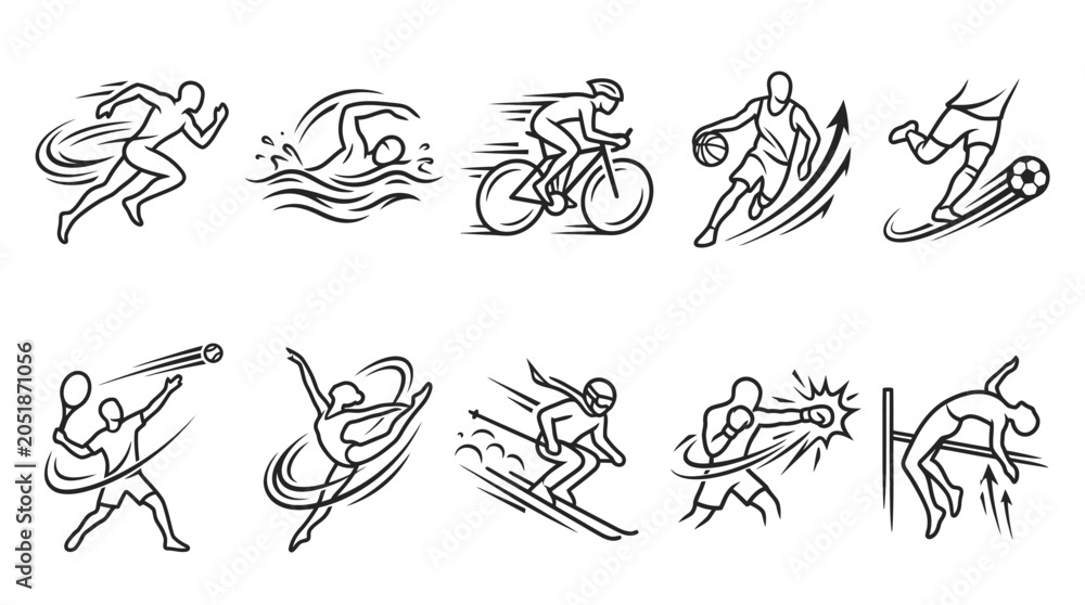 Obraz premium Diverse Sports Icons: Running, Swimming, Cycling, Basketball, Soccer, Tennis, Dancing, Skiing, Boxing, High Jump