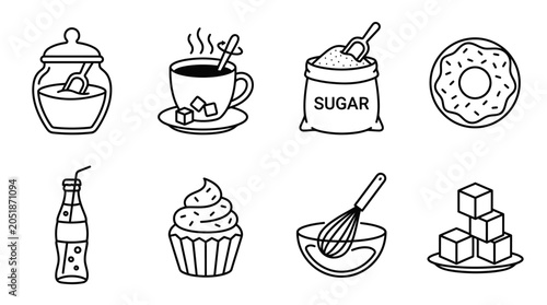 Schilderij op canvas Sweet Treats and Drinks Icons: Coffee, Donut, Cupcake, Soda, Sugar, Whisk, Sugar