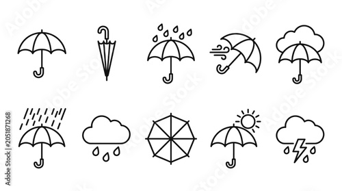 Konstfotografi Umbrella Icons: Rain, Wind, Sun, Clouds, Weather Symbols Set