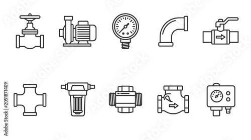 Bild auf Leinwand Plumbing Icons Set: Valve, Pump, Gauge, Elbow, Filter, Manifold, Flow Meter