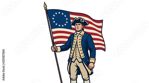 American Revolutionary War Soldier with Betsy Ross Flag Illustration