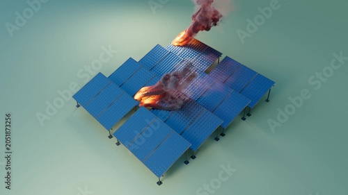 Aerial View Solar Farm Burning With Rising Smoke Column