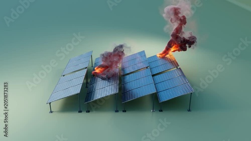 Tilted Solar Panels On Fire With Red Toxic Smoke