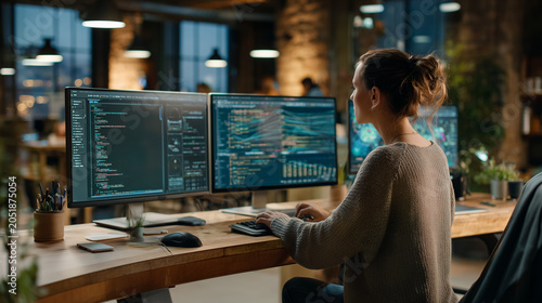AI engineer in her 30s at multi-screen setup