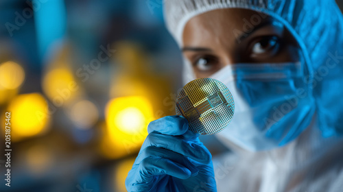Engineer in full cleanroom gear working in lab