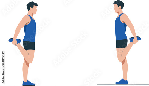 Foto Vector illustration of two men performing standing quadriceps stretch showing fl