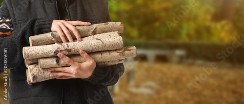 Woman with firewood on whit...