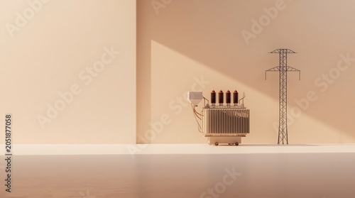 Minimalist Power Substation and Transmission Tower in Warm Tones.