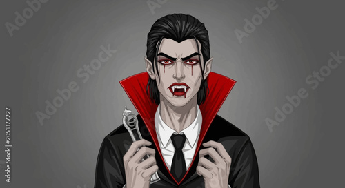 Bild auf Leinwand Gothic Vampire Man with Fangs and Red Eyes Holding a Stake