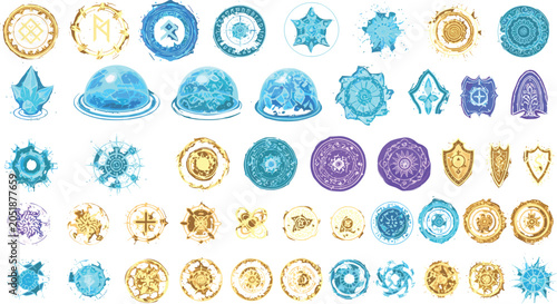 Schilderij op canvas Fantasy magic circle icons and elemental shield barrier vector set featuring glo