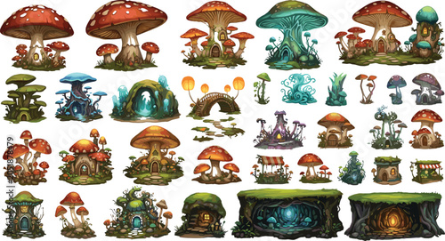 Schilderij op canvas Fantasy mushroom houses and fairytale gnome village structures set featuring enc