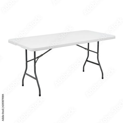 A durable white bi-fold plastic utility table with grey metal legs presented on a sterile white seamless background in ultra photorealistic product photography style, practical efficiency concept