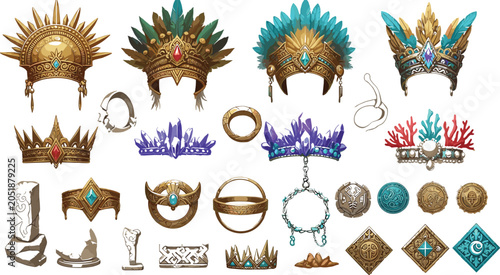 Obraz na plátně Fantasy tribal crowns and magical gemstone headdress vector icons set featuring