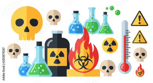 Hazardous material and toxic chemical flat vector icon set