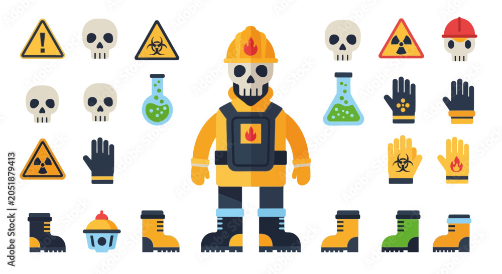 Fototapeta premium Chemical Hazards and Laboratory Safety Flat Vector Icon Set with Skull Symbols