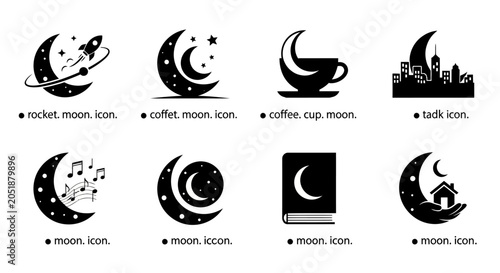 Tableau sur toile Moon Icons Collection: Rocket, Coffee, City, Music, Book, House