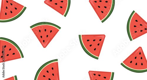 Seamless pattern featuring vibrant red watermelon slices with black seeds and green rinds scattered across a white background for summer themes.